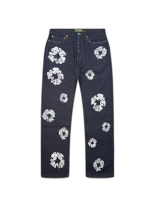 Pantalon baggy en Denim « Cotton Wreath » clouté, selvedge
