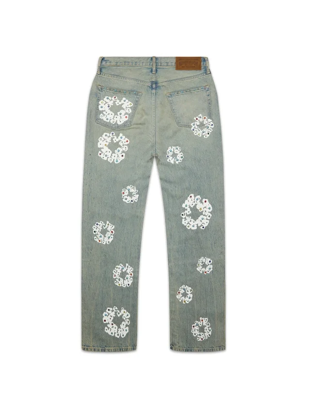 Pantalon en Denim « Cotton Wreath » ample clouté, délavage « Dirty Wash »