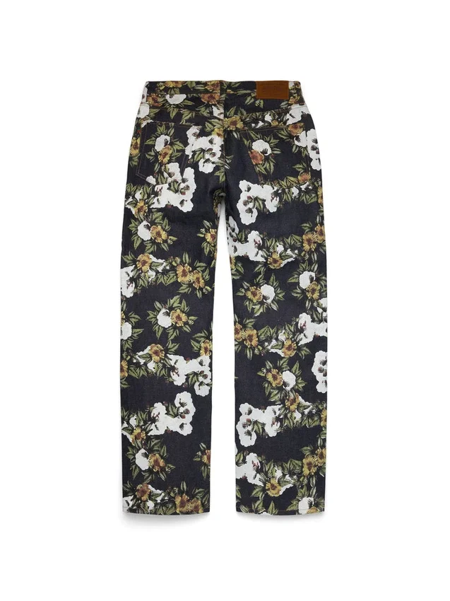 Pantalon en denim à fleurs ample avec lisière