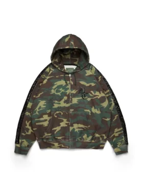 Sweat à capuche zippé avec empiècements à paillettes sur les manches, motif camouflage