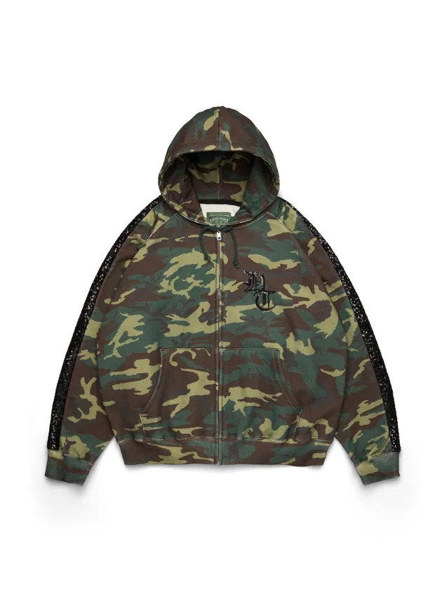Sweat à capuche zippé avec empiècements à paillettes sur les manches, motif camouflage