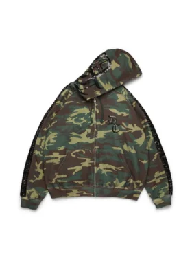 Sweat à capuche zippé avec empiècements à paillettes sur les manches, motif camouflage