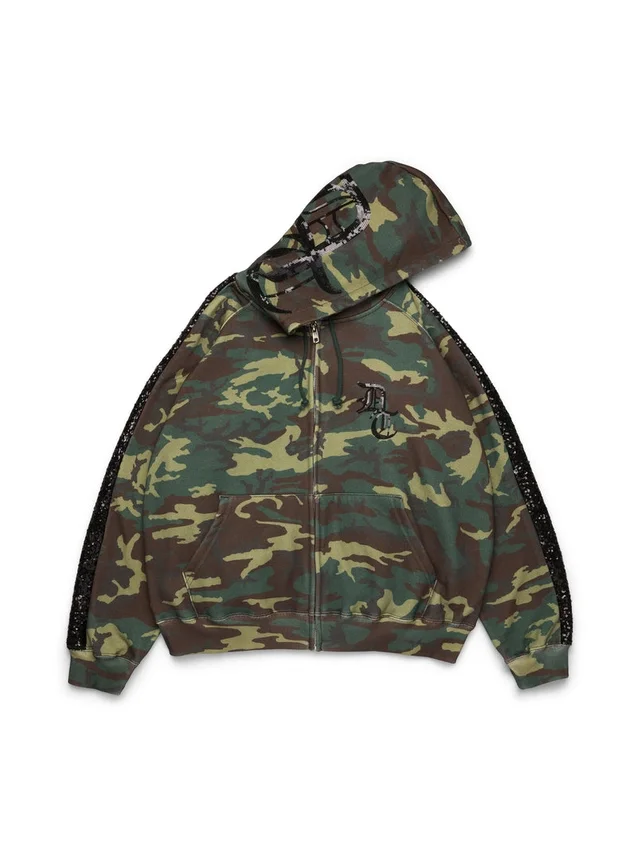 Sweat à capuche zippé avec empiècements à paillettes sur les manches, motif camouflage