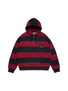 Sweat à capuche zippé à rayures et écusson rouge/bleu marine