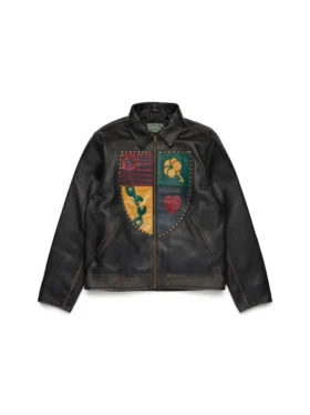 Veste en cuir « Libertas Crest » noir délavé