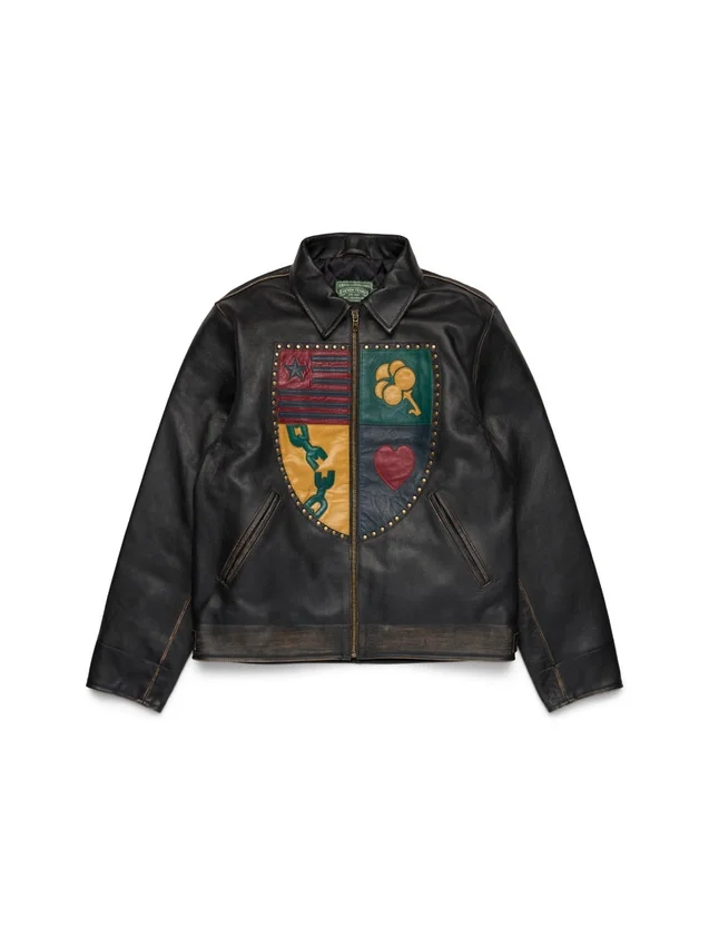Veste en cuir « Libertas Crest » noir délavé